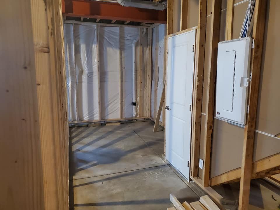 Interior view of unfinished basement room with a door and electrical panel.