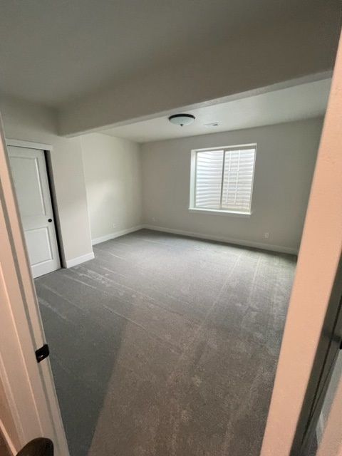Empty room with gray carpet, a window, a white door, and a ceiling light.
