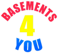 "Basements 4 You" logo. Red text "Basements" arches over a yellow "4", blue text "YOU" below on a white background.