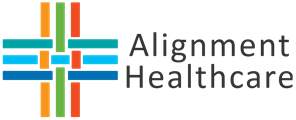 Logo of Alignment Healthcare, a plus sign made of colorful horizontal and vertical lines.