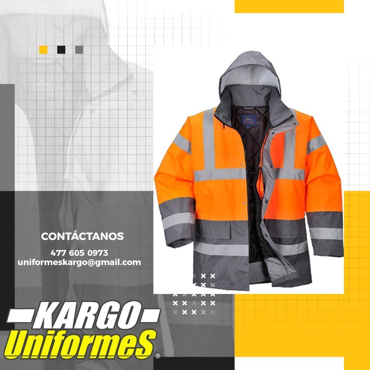 Una chaqueta naranja y gris con capucha es anunciada por kargo uniformes
