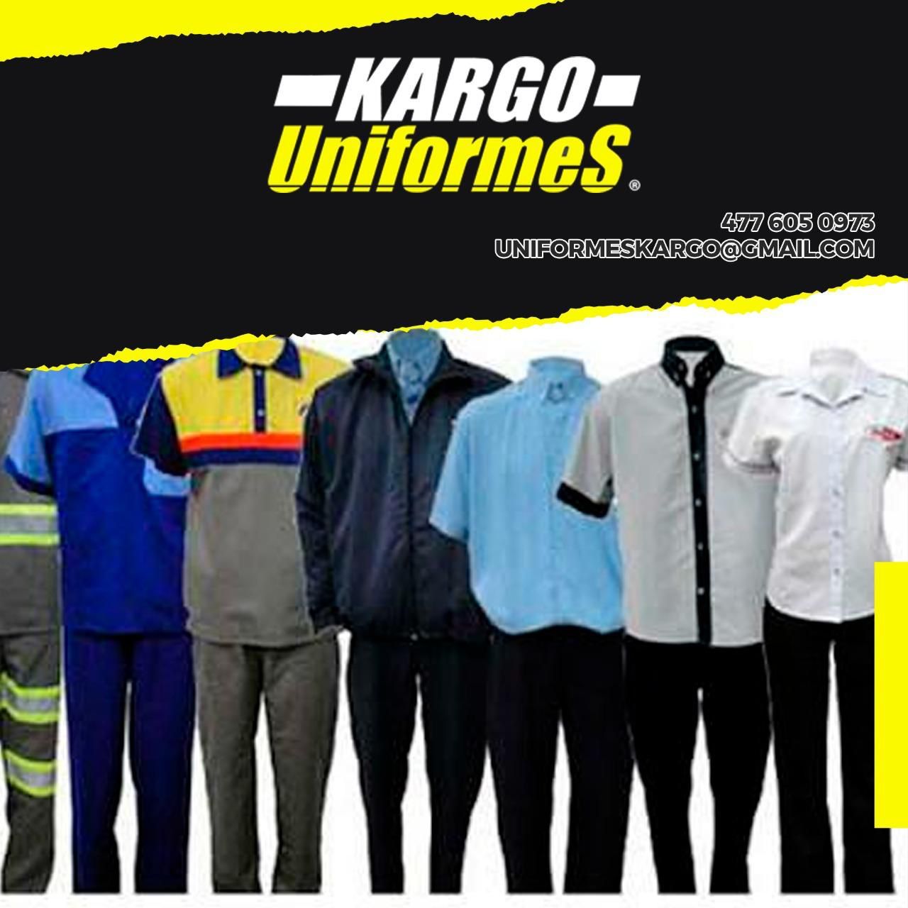 Un cartel de Kargo Uniformes muestra una variedad de uniformes.
