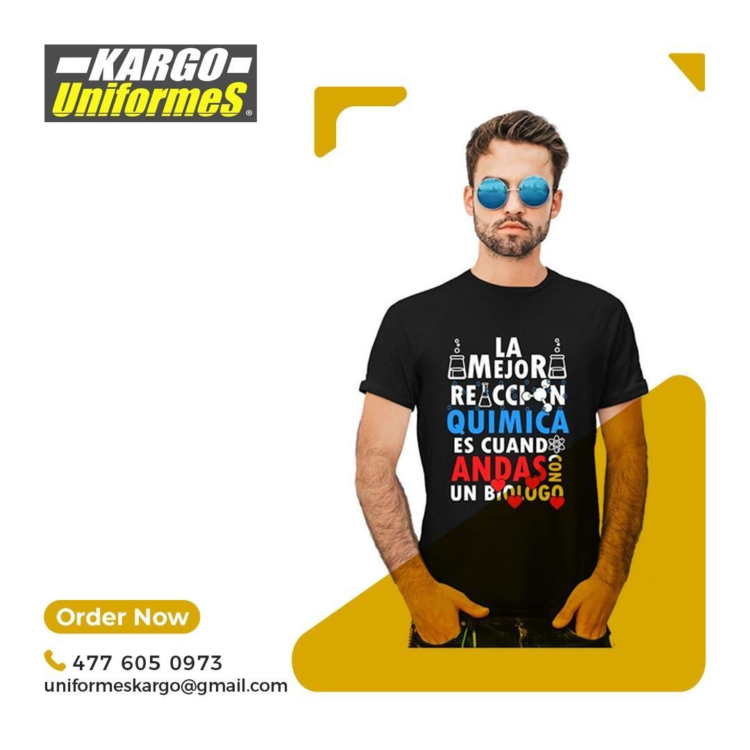 Un hombre con gafas de sol y una camiseta que dice la mejor reacción química.