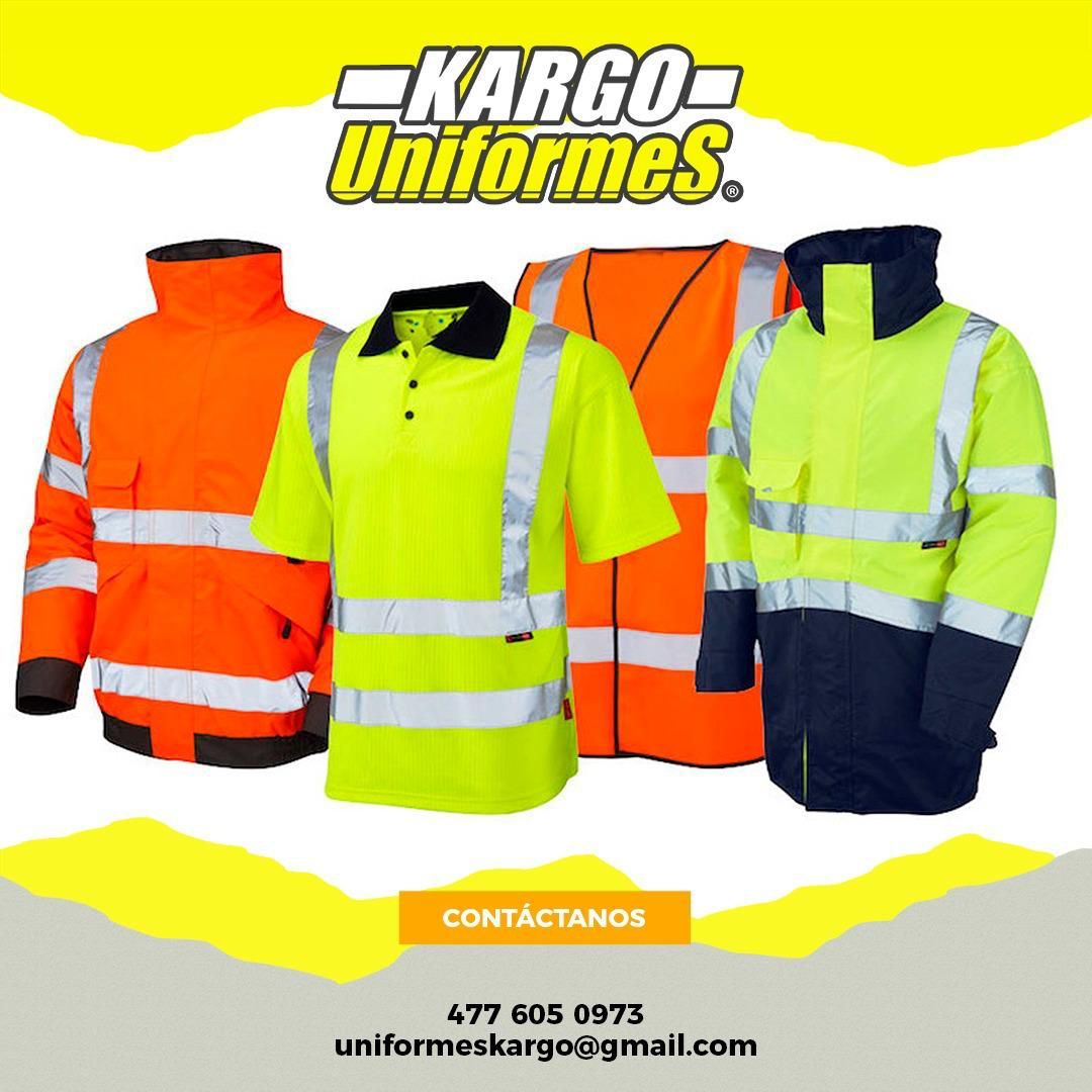 Un anuncio de Kargo Uniforms muestra una variedad de chalecos de seguridad.
