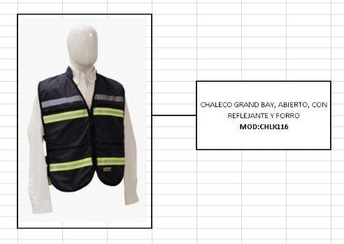 Un chaleco negro con rayas amarillas está sobre un maniquí.