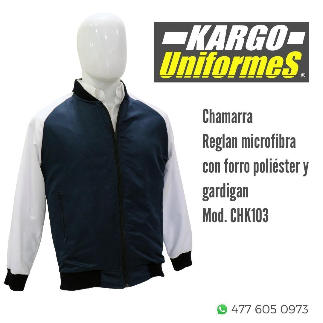 Un maniquí lleva una chaqueta azul y blanca de Kargo Uniforms.