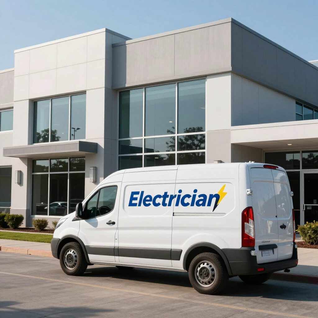 White electrician van parked outside a modern office building