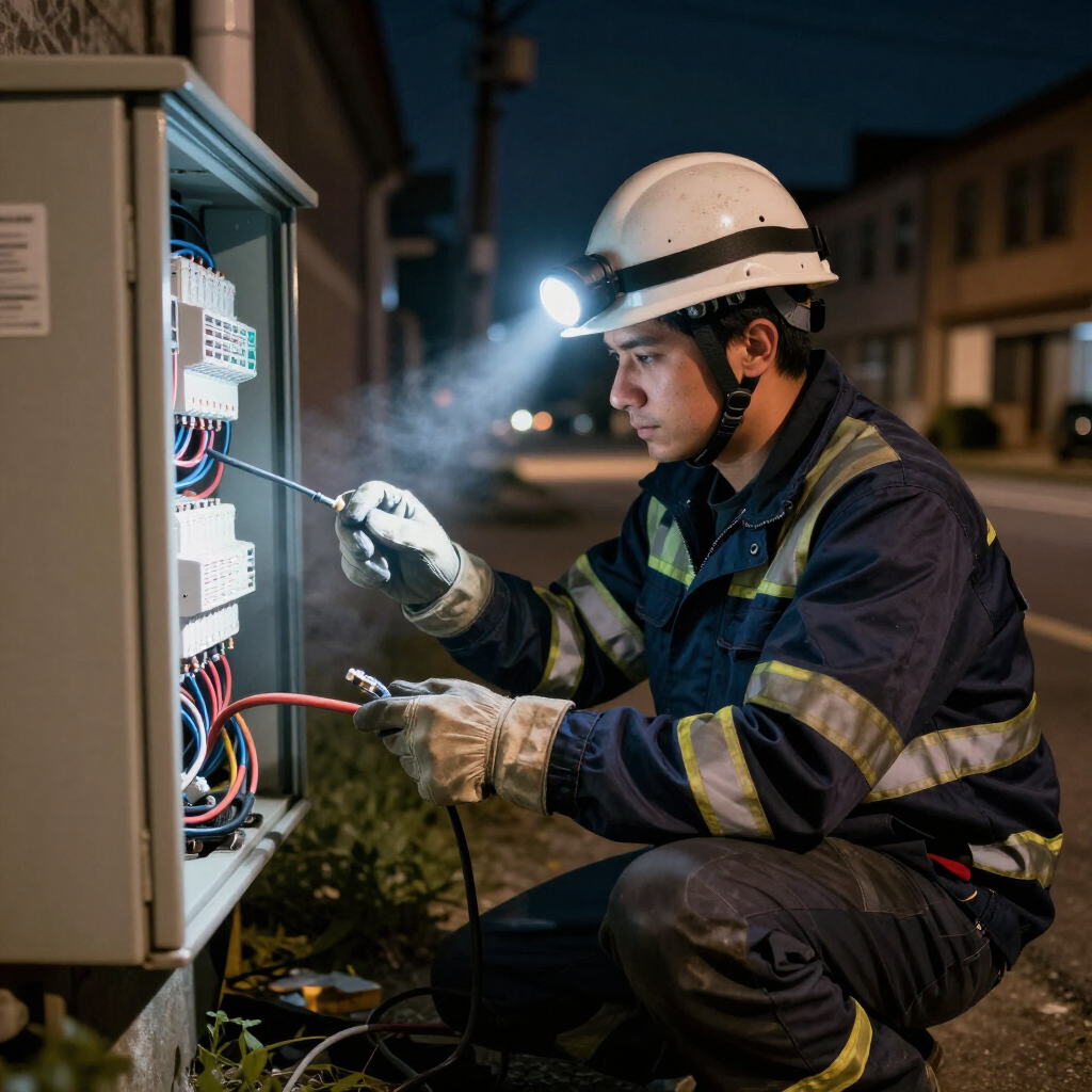 Technician in hard hat inspects an electrical control panel at night with a flashlight and tools