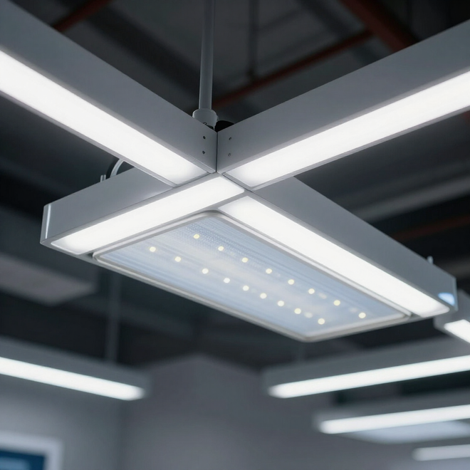 Modern LED panel light fixtures mounted on a ceiling in an industrial interior.