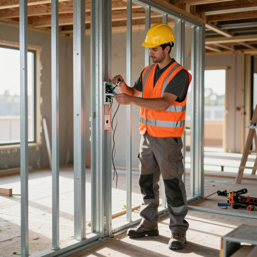 Construction worker in orange vest and yellow hard hat installing wiring in a framed building interior