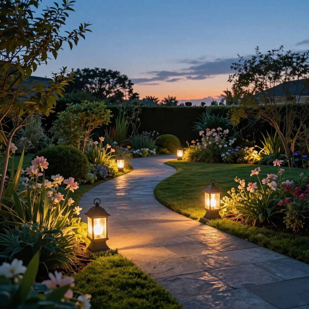 Lantern-lit stone path winding through a lush garden at dusk under a colorful sunset sky