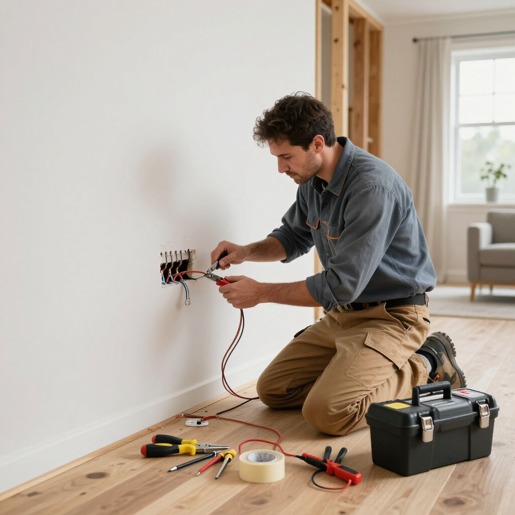 Electrician kneeling to wire an outlet on a white wall, with tools and a toolbox on the floor.
