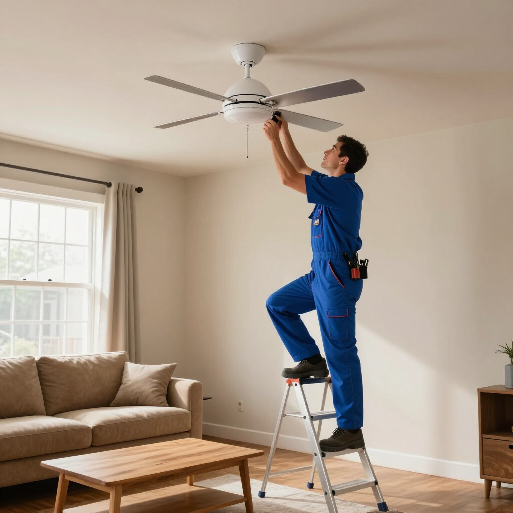 Worker in blue overalls adjusting a ceiling fan in a living room on a ladder