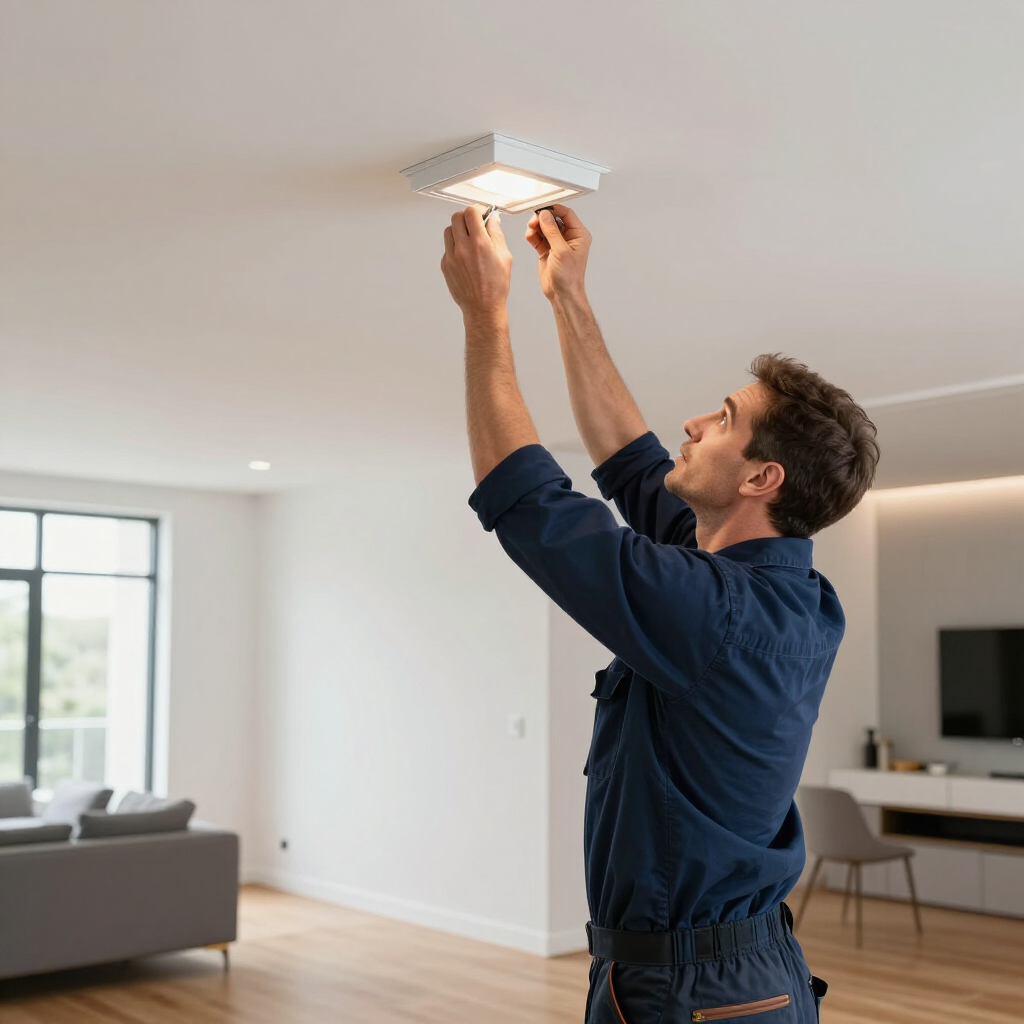 Man installing a ceiling light fixture in a modern living room