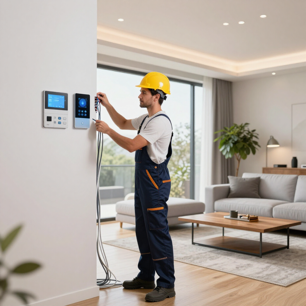 Technician in a yellow hard hat installing a wall control panel in a modern living room