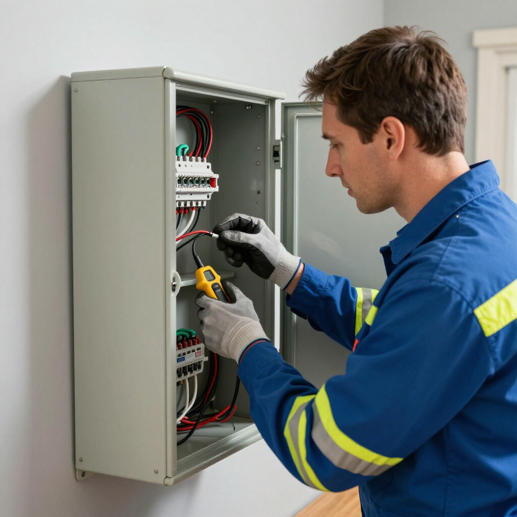 Technician in blue uniform wiring an open electrical control panel with a screwdriver and multimeter
