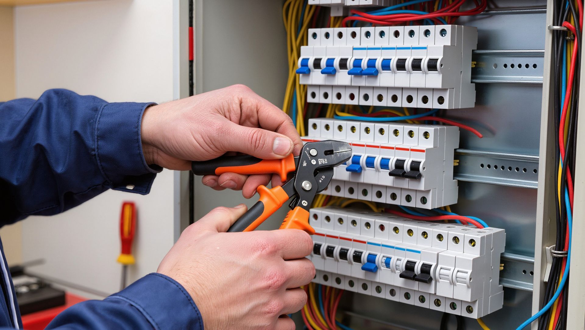 Hands using orange pliers to wire an electrical breaker panel with rows of switches.