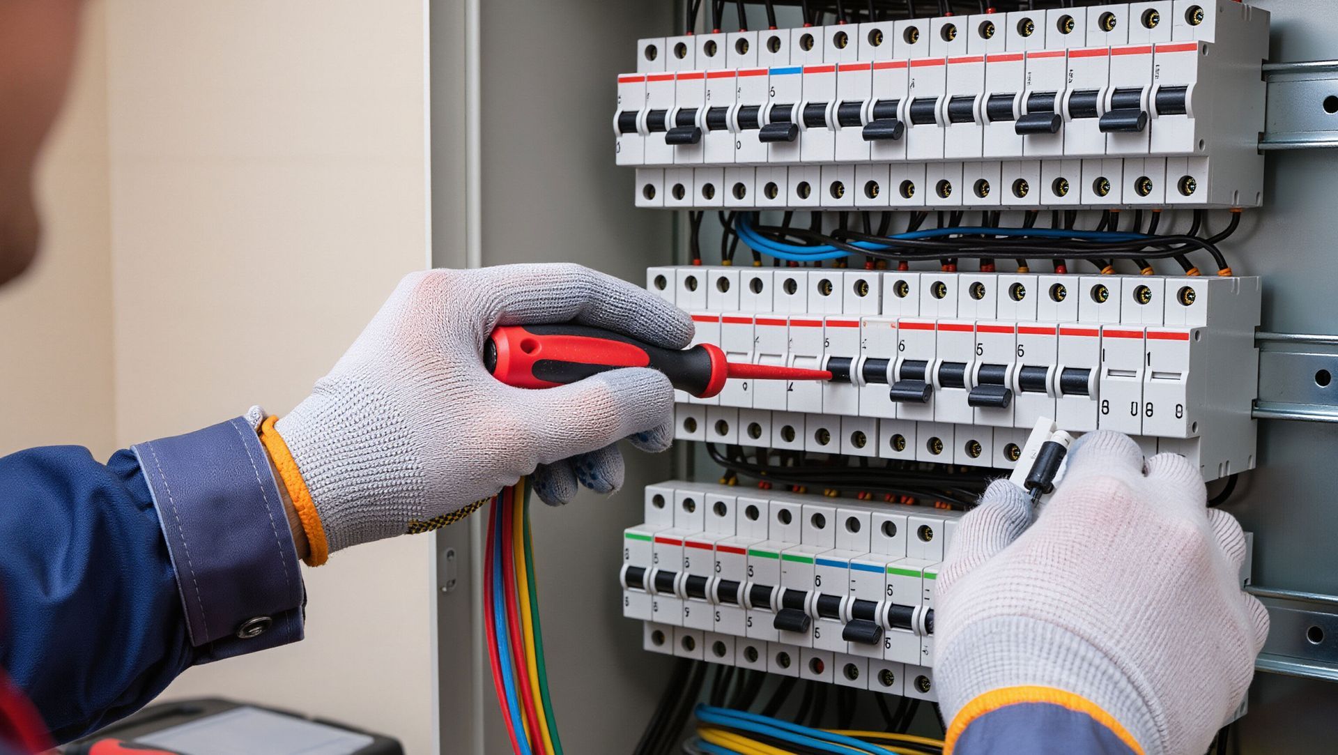 Gloved hands testing circuit breakers in an electrical control panel with multicolored wires