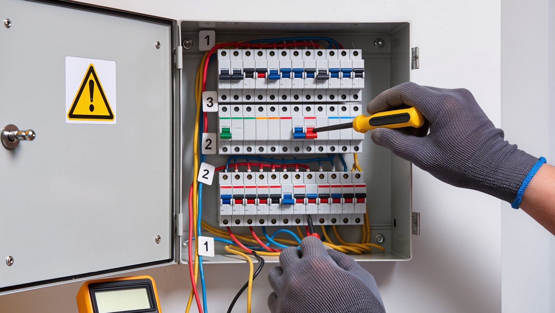 Gloved electrician testing a breaker panel with a multimeter in an open electrical box