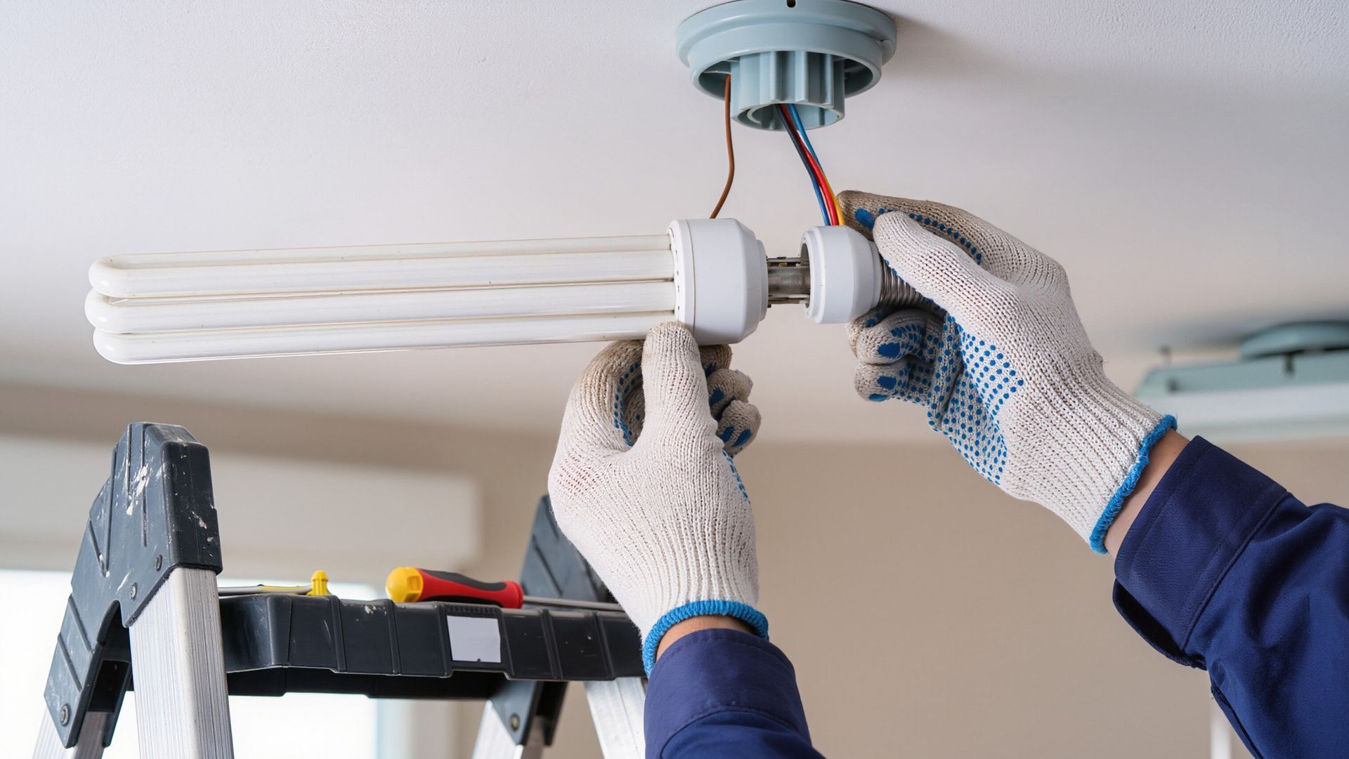 Hands wiring a ceiling light fixture while standing on a ladder