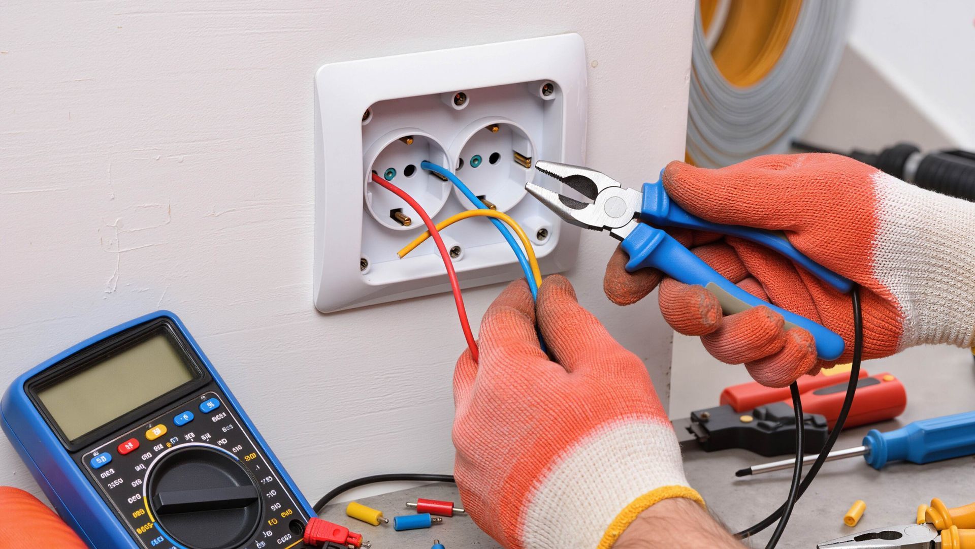 Electrician wiring a white wall outlet with pliers, multimeter nearby, in orange gloves.