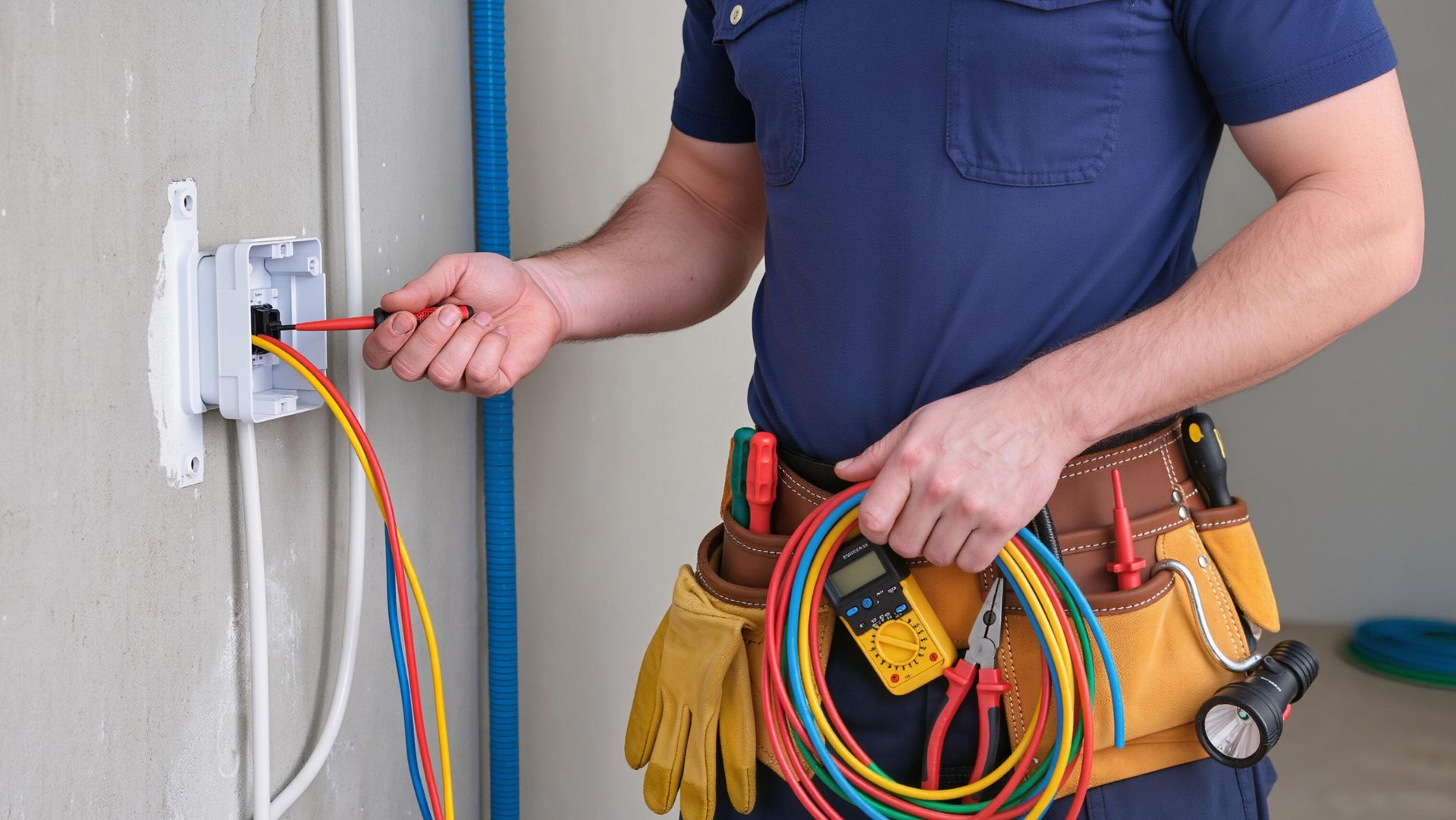 Electrician testing wires at an open wall junction box, wearing a tool belt with multicolored cables.