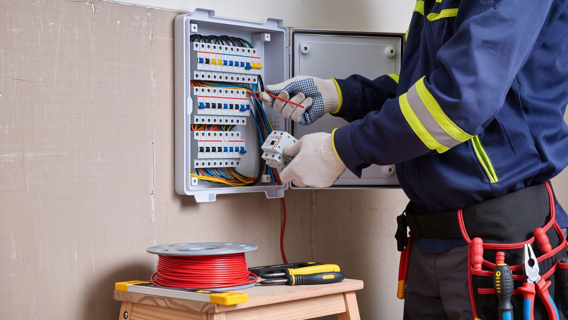 Electrician wiring a breaker panel in a wall-mounted electrical box