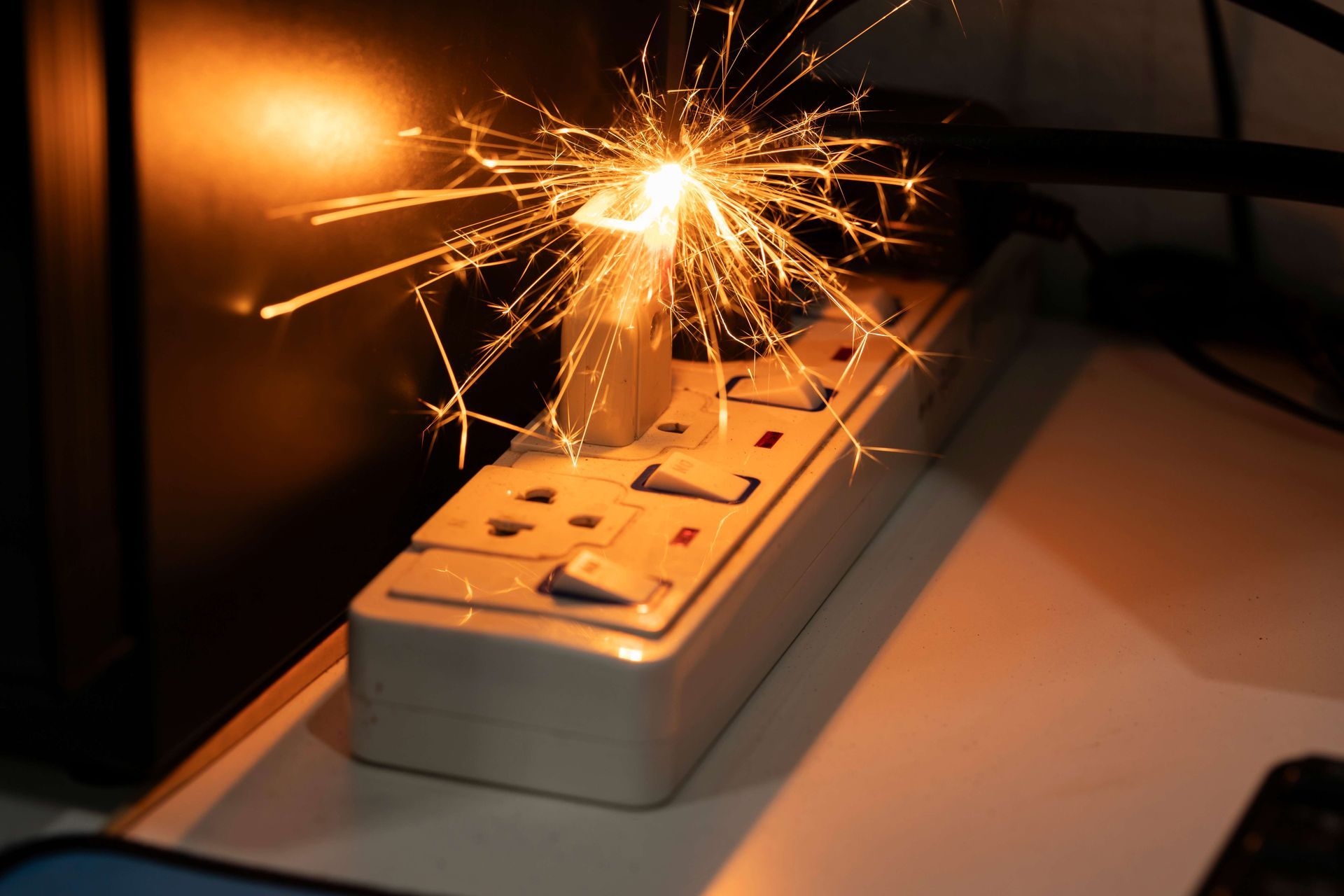 Power strip on fire with sparks on a desk in a dim room