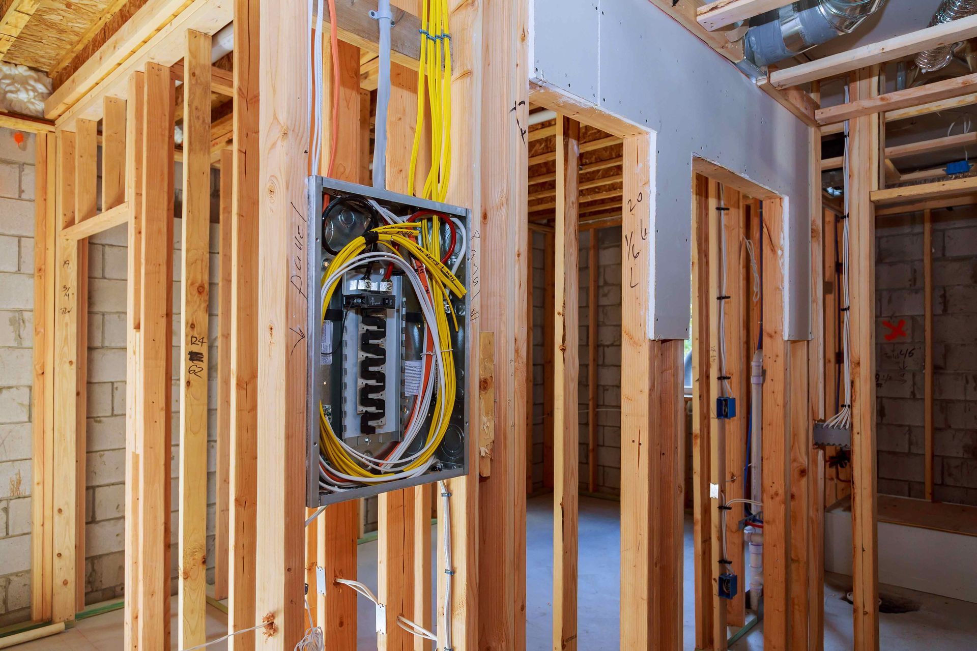 Interior wall framing in a house under construction with electrical panels and exposed wiring