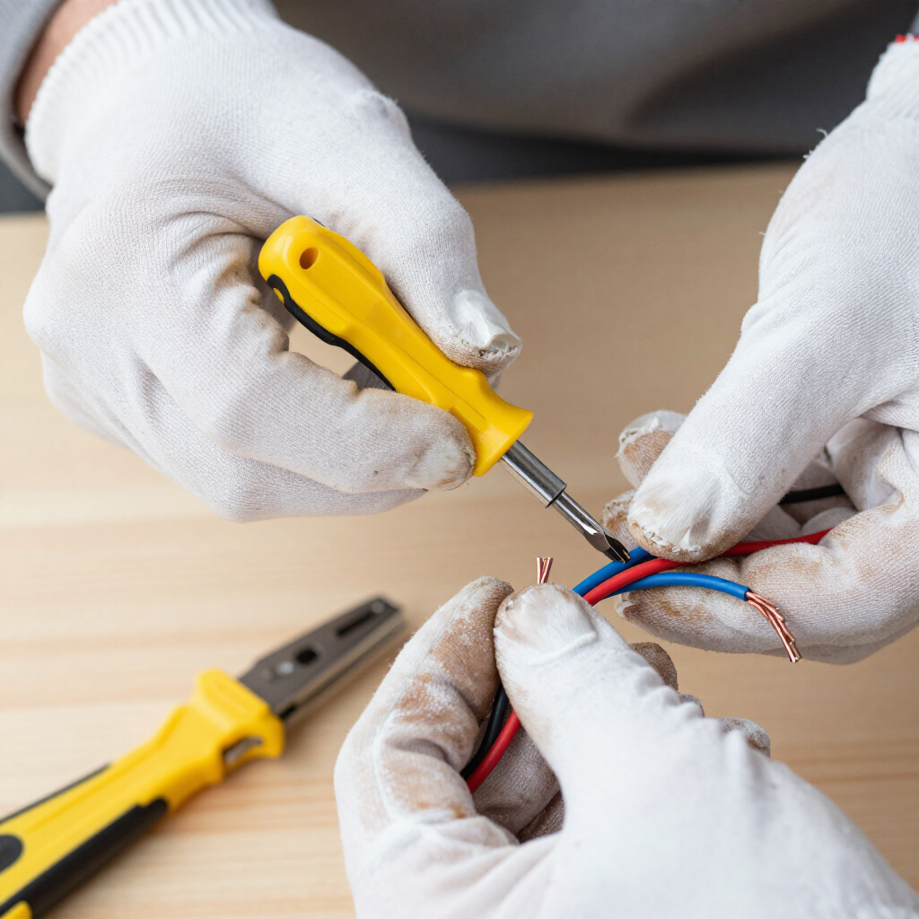 Hands with white gloves using yellow wire strippers to work on exposed electrical wires on a table