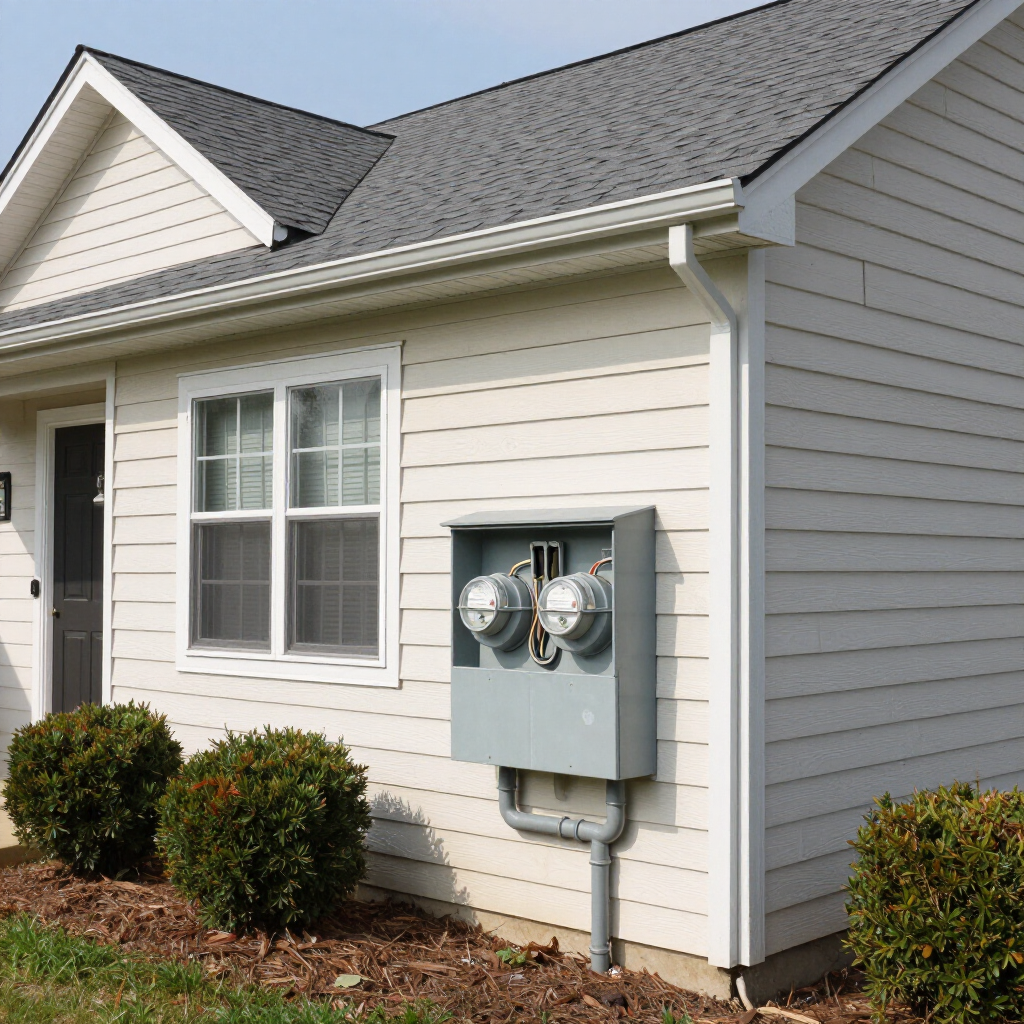 Side of a beige house with windows, shrubs, and two electric meters mounted near the corner.