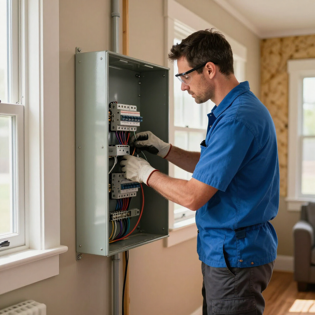 Technician wiring an open electrical panel in a home hallway