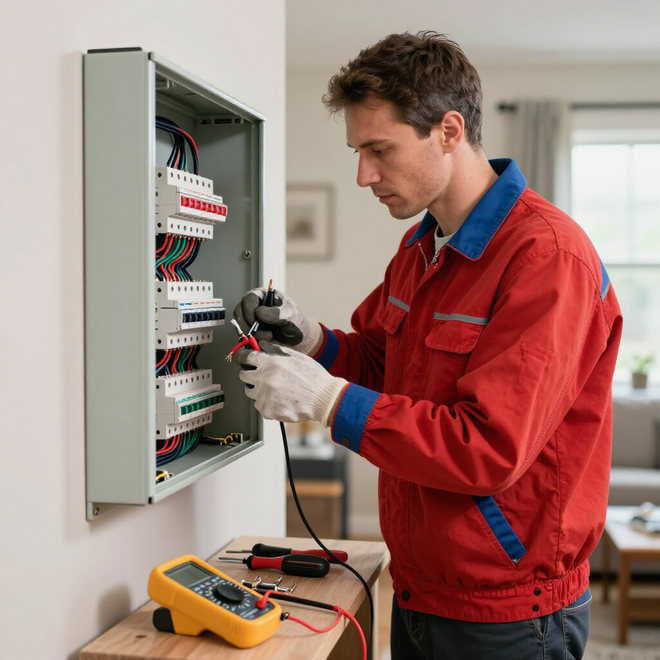 Electrician in red jacket testing wiring in an open electrical panel with a multimeter