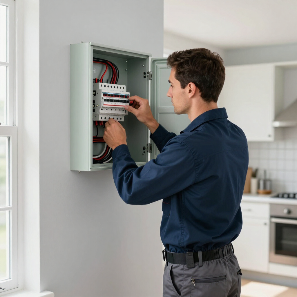 Electrician adjusting a circuit breaker panel in a home kitchen area