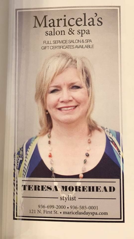 A woman is smiling on a poster for maricela 's salon and spa