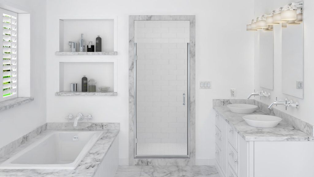 a bathroom with a walk in shower with a custom shower door by Sun Glass