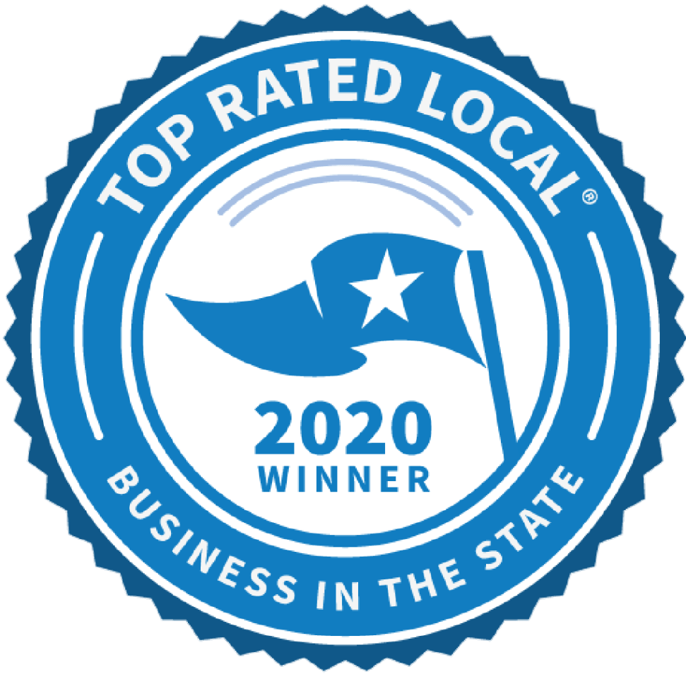 A blue seal that says top rated local business in the state