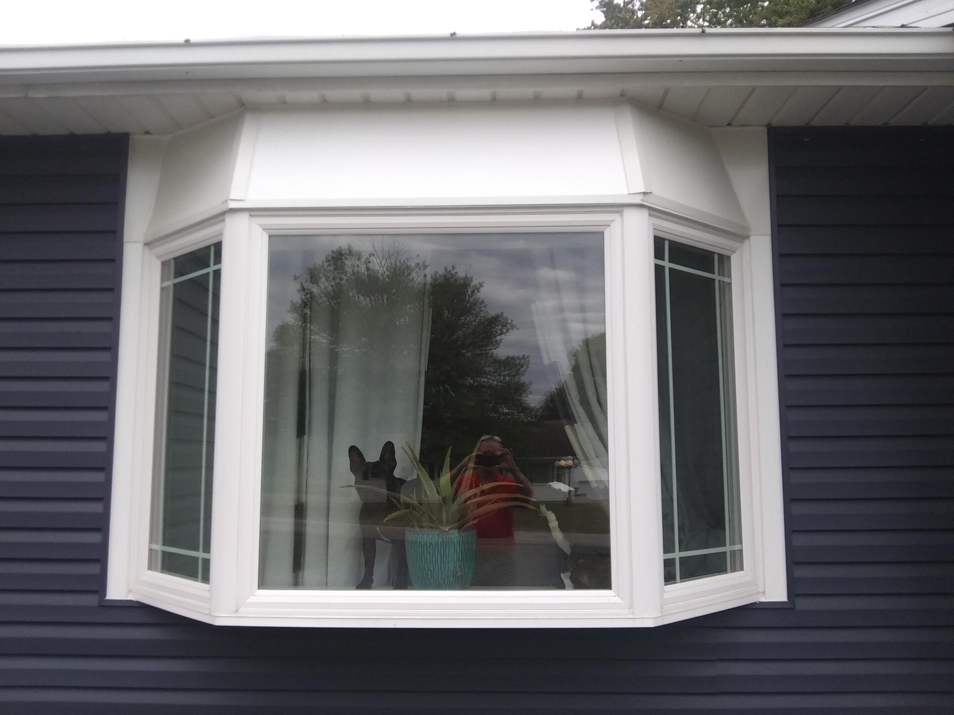 A white bay window on the side of a blue house.