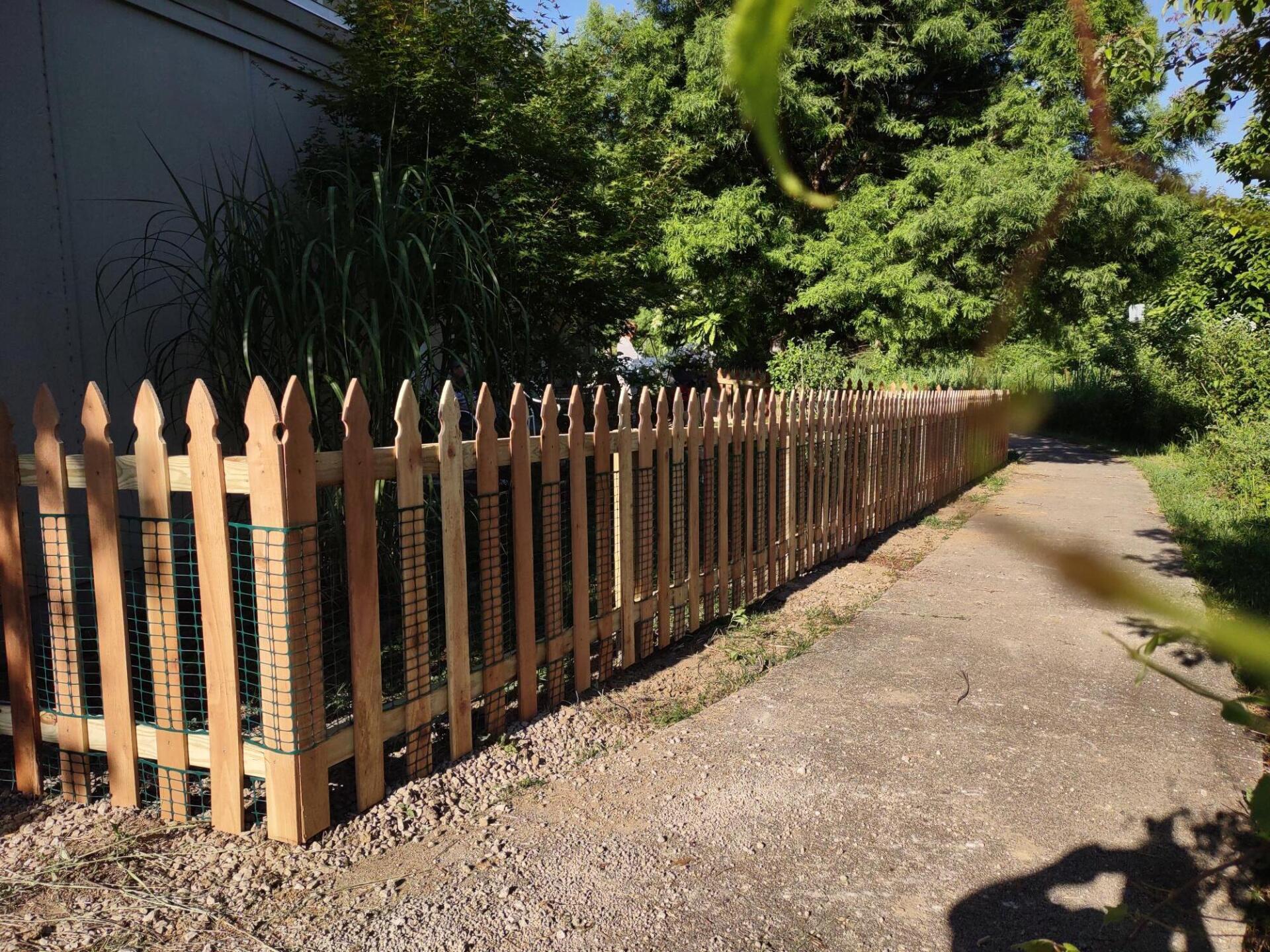 A wooden picket fence is along the side of a gravel path.
