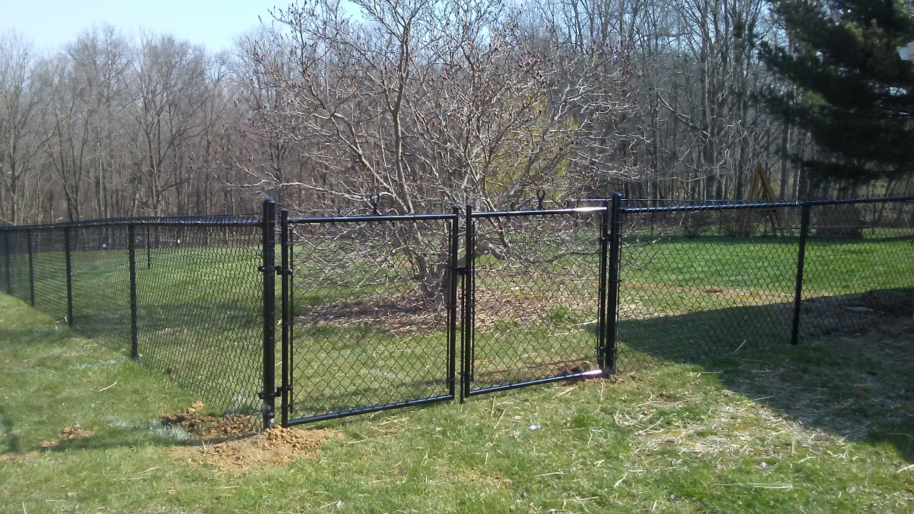 A black chain link fence surrounds a grassy field with trees in the background.