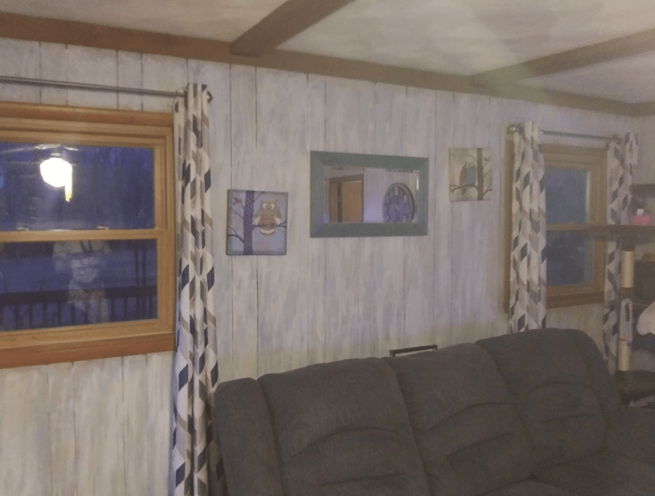 A living room with a couch and two windows