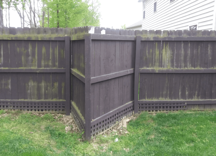 A wooden fence is sitting in the middle of a lush green yard.