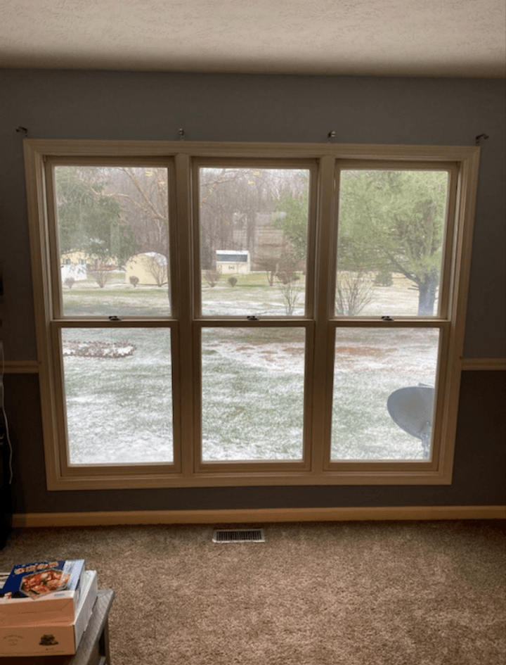 A living room with three windows and a carpeted floor.