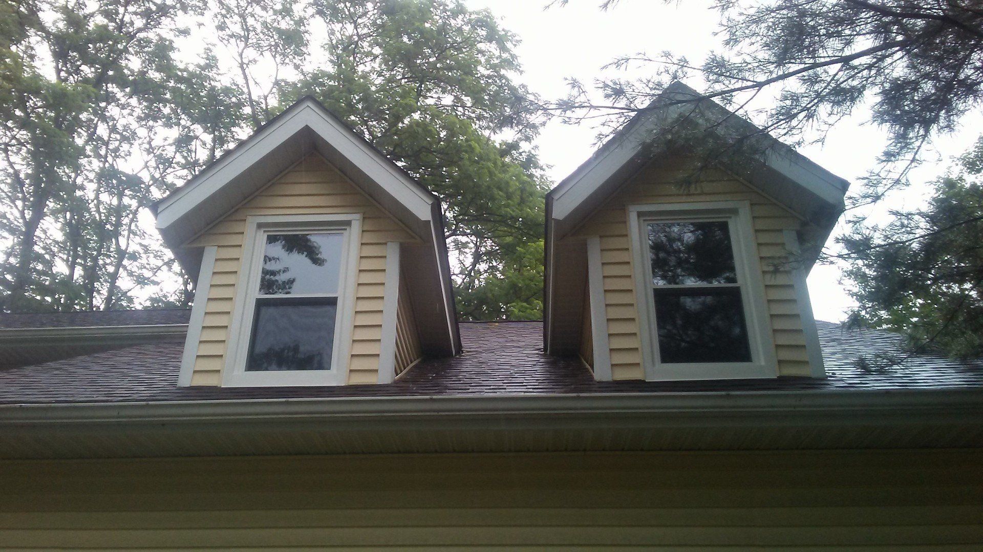 Two windows on the roof of a house with trees in the background