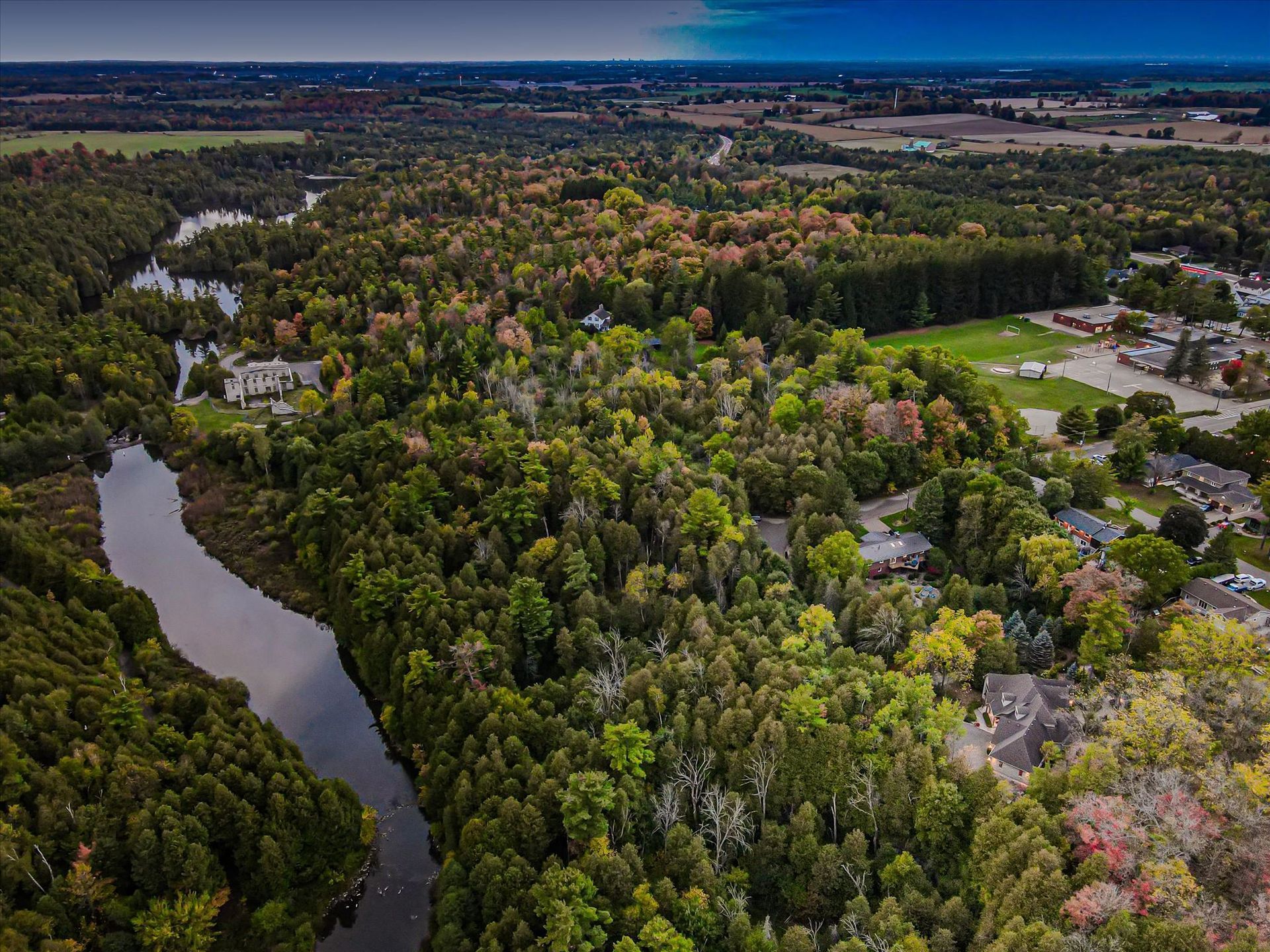 Aerial twilight view showing property beside the Eramosa River