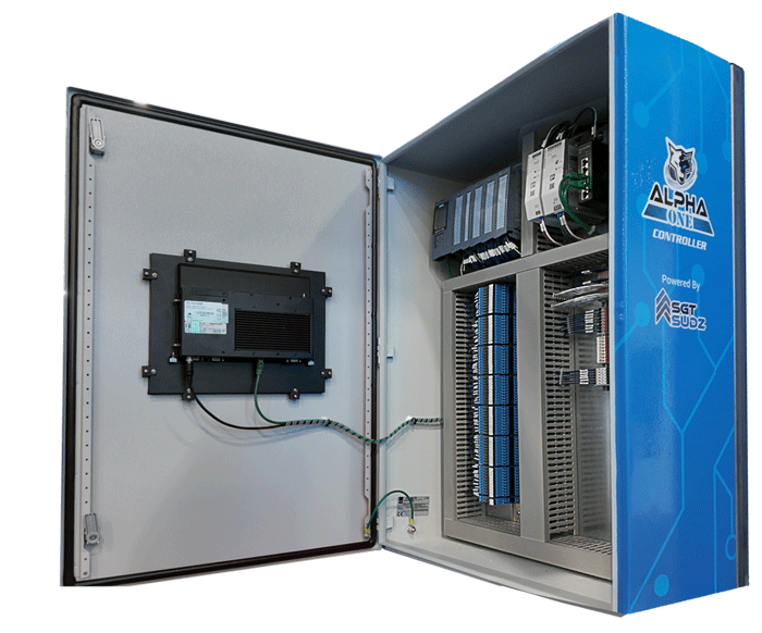 alpha one car wash tunnel controller with door open