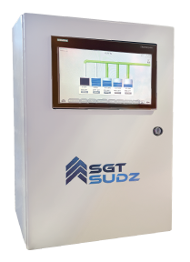 gray electrical cabinet for Flow monitor with Sgt. Sudz logo on front