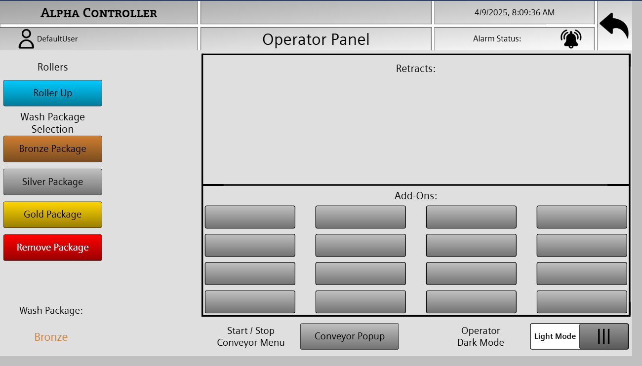 A computer screen shows the operator panel of an Alpha One car wash controller