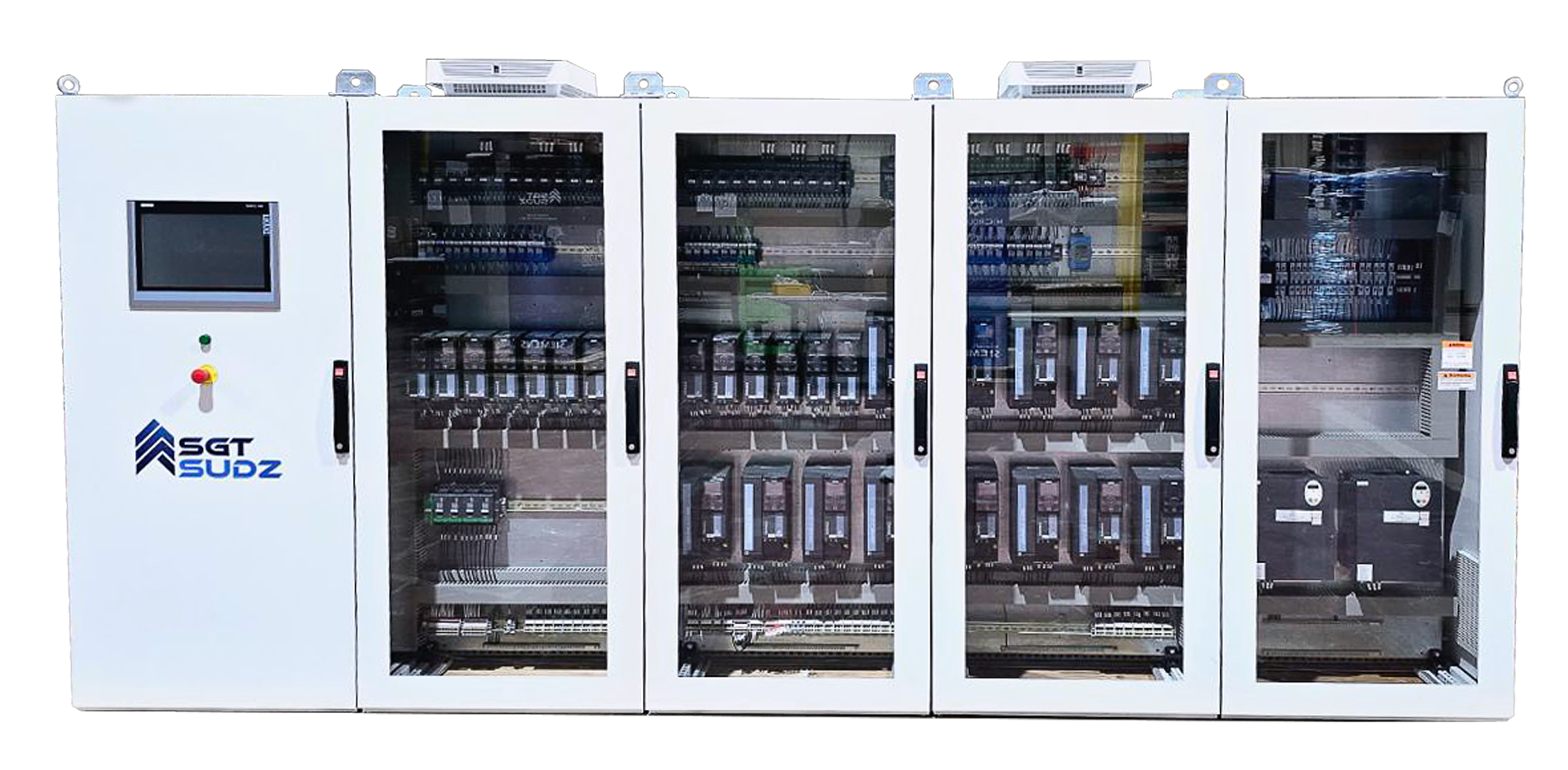 A large motor control center cabinet filled with glass doors and touchscreen monitor