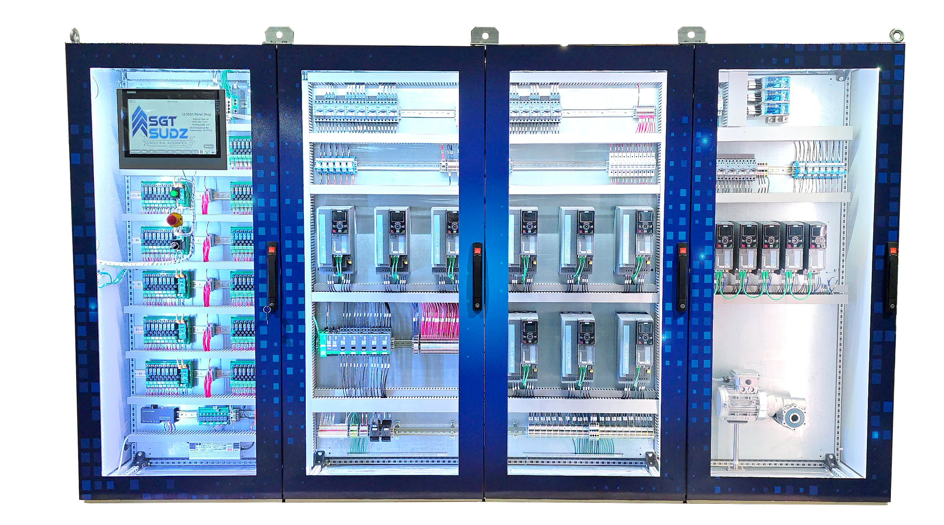 A white cabinet with glass doors and a monitor on top of it.